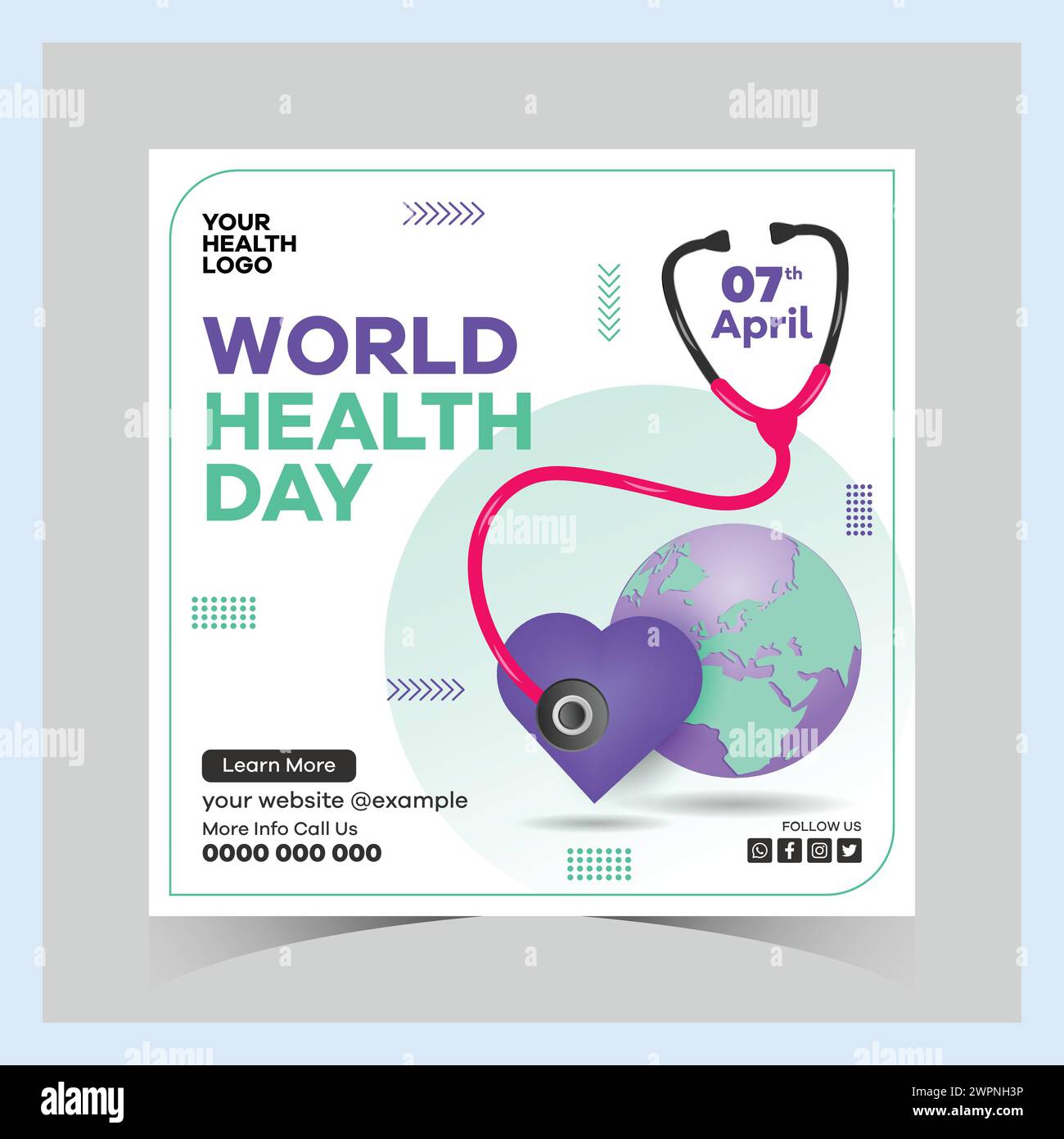 Journée mondiale de la santé publications instagram et modèle carré de médias sociaux journée mondiale, santé, médecine cardiaque, journée du cœur, journée médicale, illustration de la santé, lui Illustration de Vecteur