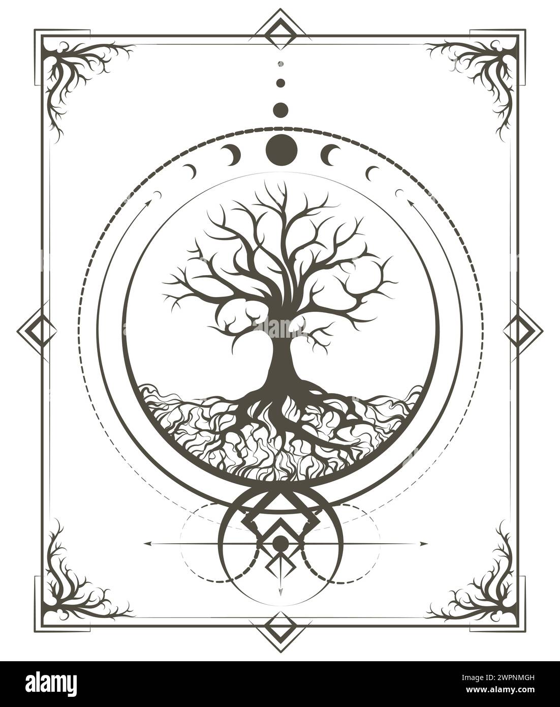 Phases de lune et arbre de vie dans le cercle de géométrie sacrée illustration vectorielle ésotérique isolé sur blanc. Aucune IA n'a été utilisée. Illustration de Vecteur