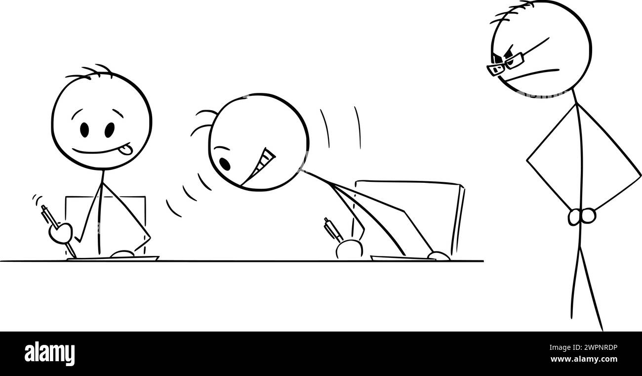 Copie de l'élève pendant l'examen à l'école, illustration de la figure de bâton de dessin animé vectoriel Illustration de Vecteur