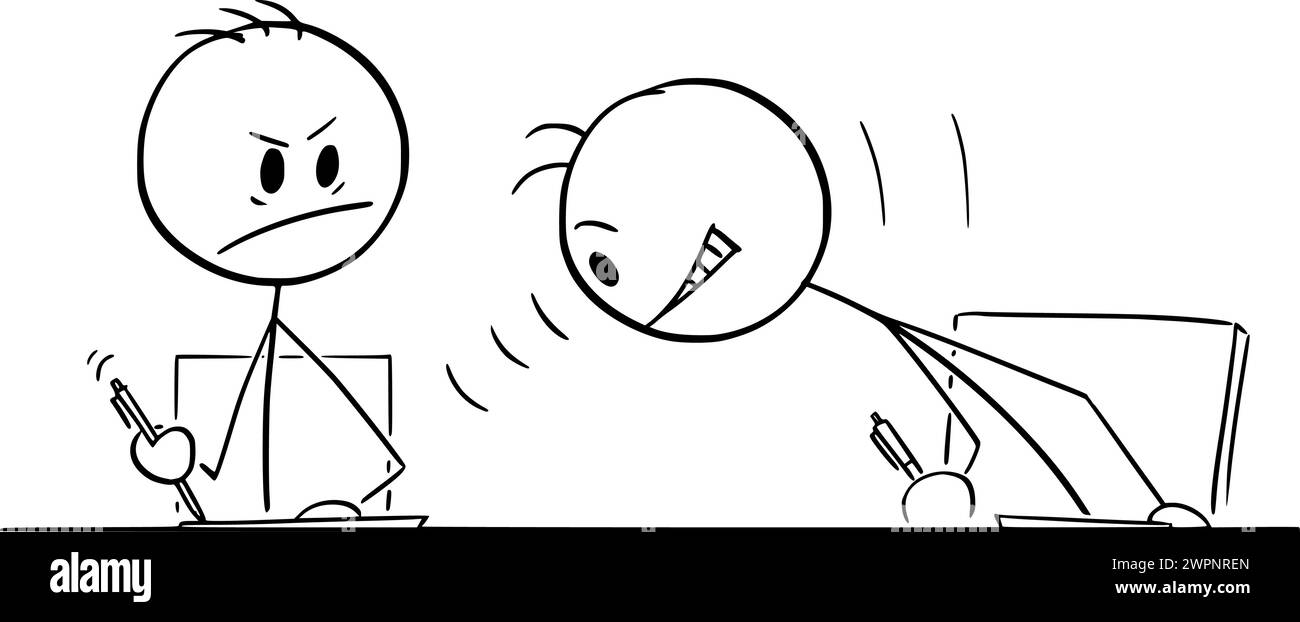 Copie de l'élève pendant l'examen à l'école, illustration de la figure de bâton de dessin animé vectoriel Illustration de Vecteur