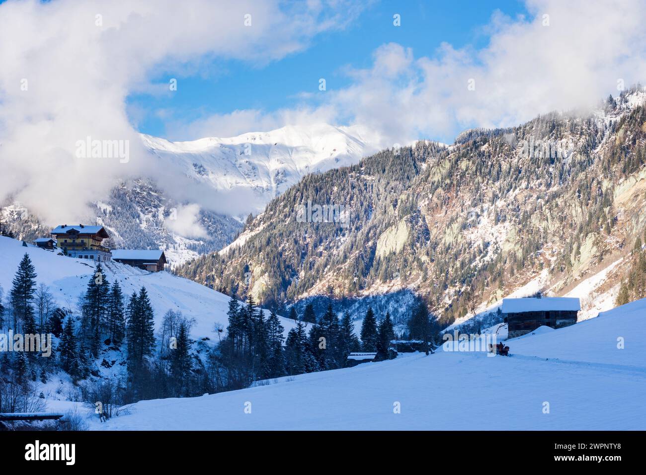 Hüttschlag, traîneau à cheval, vallée de Großarler Ache, cabanes en bois, montagnes, neige à Pongau, Salzbourg, Autriche Banque D'Images