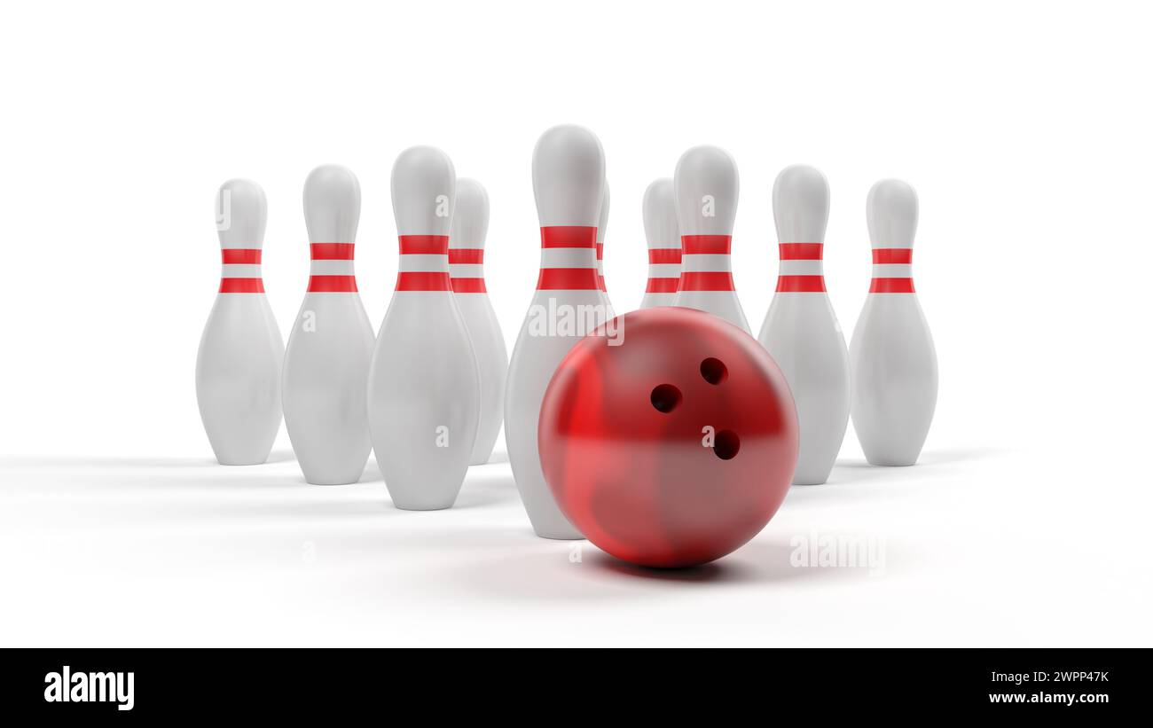 Boule de bowling et épingles isolées sur fond blanc. illustration 3d. Banque D'Images