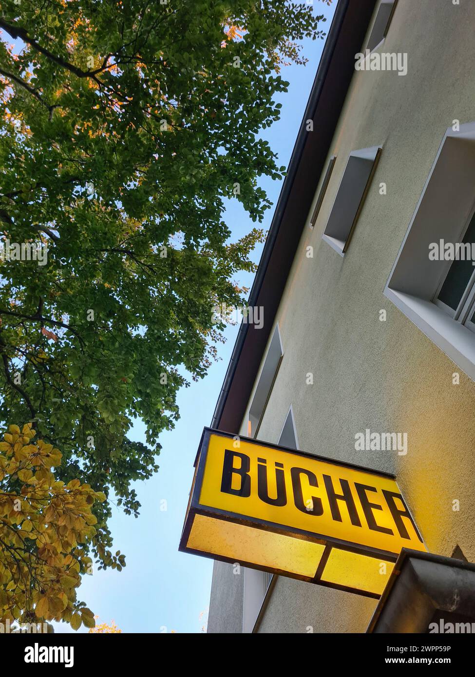 Panneau lumineux comme publicité extérieure avec l'inscription Bücher sur le mur d'une maison dans une librairie à Berlin, Allemagne Banque D'Images