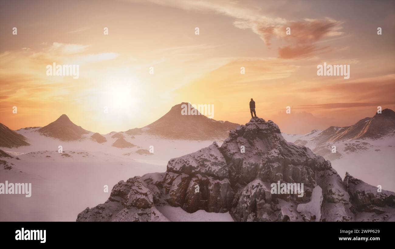 Homme aventureux randonneur sur un pic enneigé. Vue sur la montagne enneigée. Lever et coucher du soleil. Rendu 3D. Banque D'Images