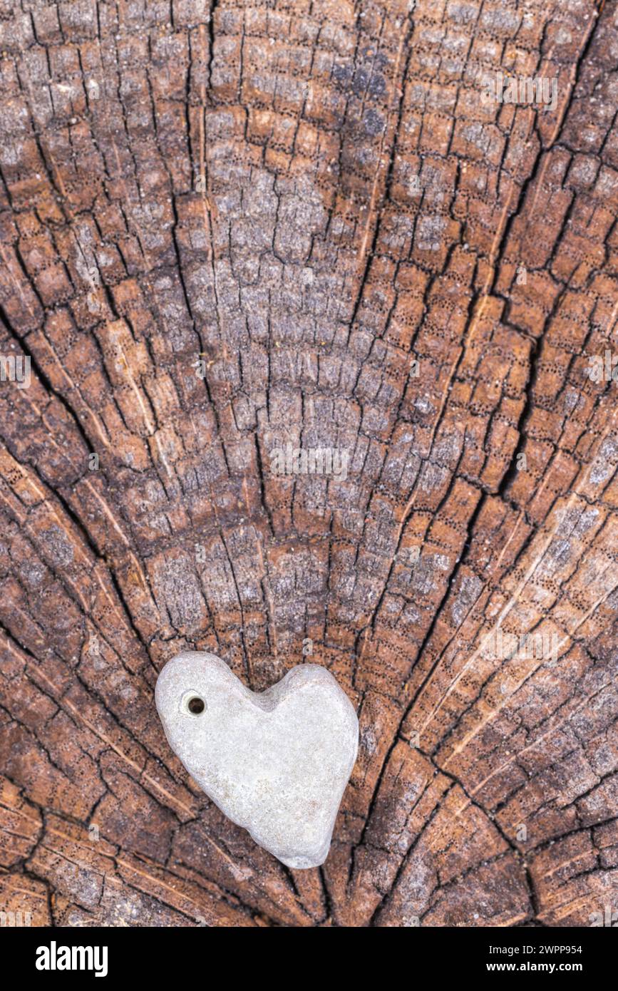 Coeur fait de pierre sur un fond en bois, nature morte Banque D'Images