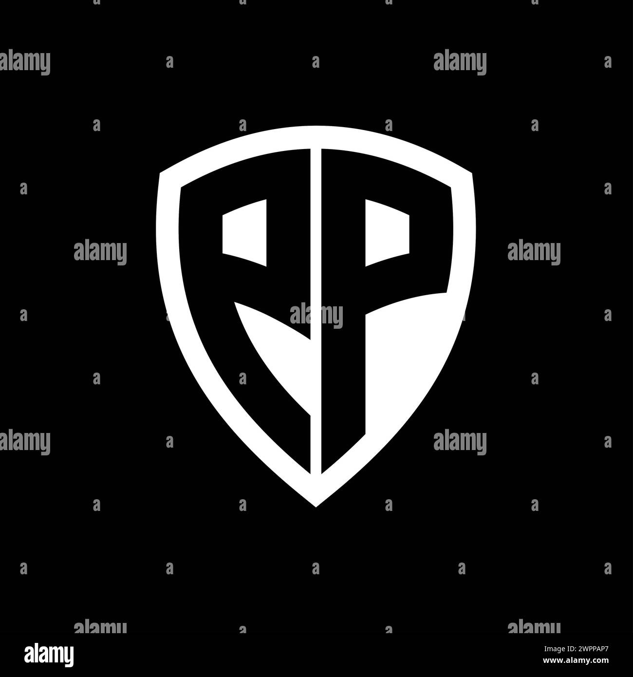 Logo monogramme PP avec lettres en gras forme de bouclier avec modèle de conception de couleur noir et blanc Banque D'Images