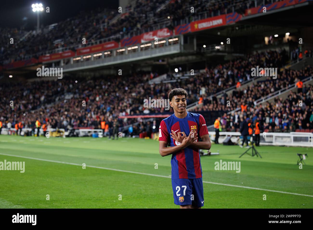 Barcelone, Espagne. 8 mars 2024. Lamine Yamal célèbre après avoir marqué un but lors du match LaLiga EA Sports entre le FC Barcelone et le RCD Mallorca Banque D'Images