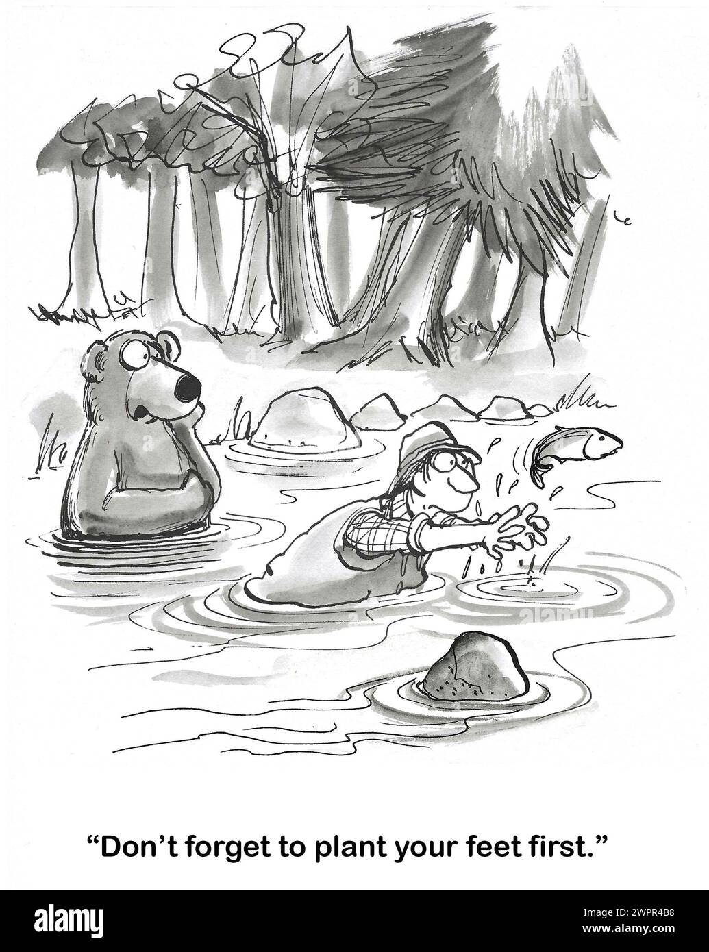BW dessin animé d'un homme essayant d'apprendre à attraper des poissons comme un ours sauvage. Banque D'Images