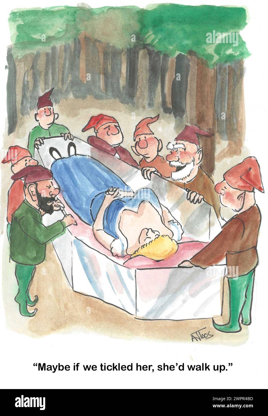 Dessin animé en couleur de nains essayant de réveiller une femme en la chatouillant. Banque D'Images