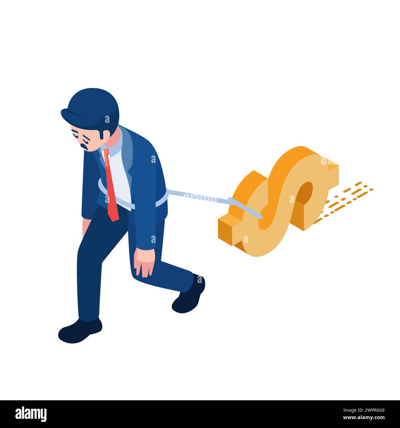 Flat 3d Isomtric homme d'affaires lié avec Dollar Symbol. Notion de dette et de fardeau financiers. Illustration de Vecteur