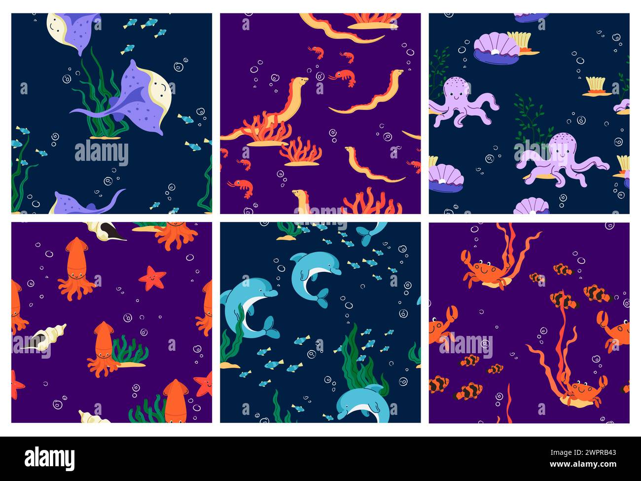 Ensemble de motifs décoratifs avec des animaux sous-marins Illustration de Vecteur