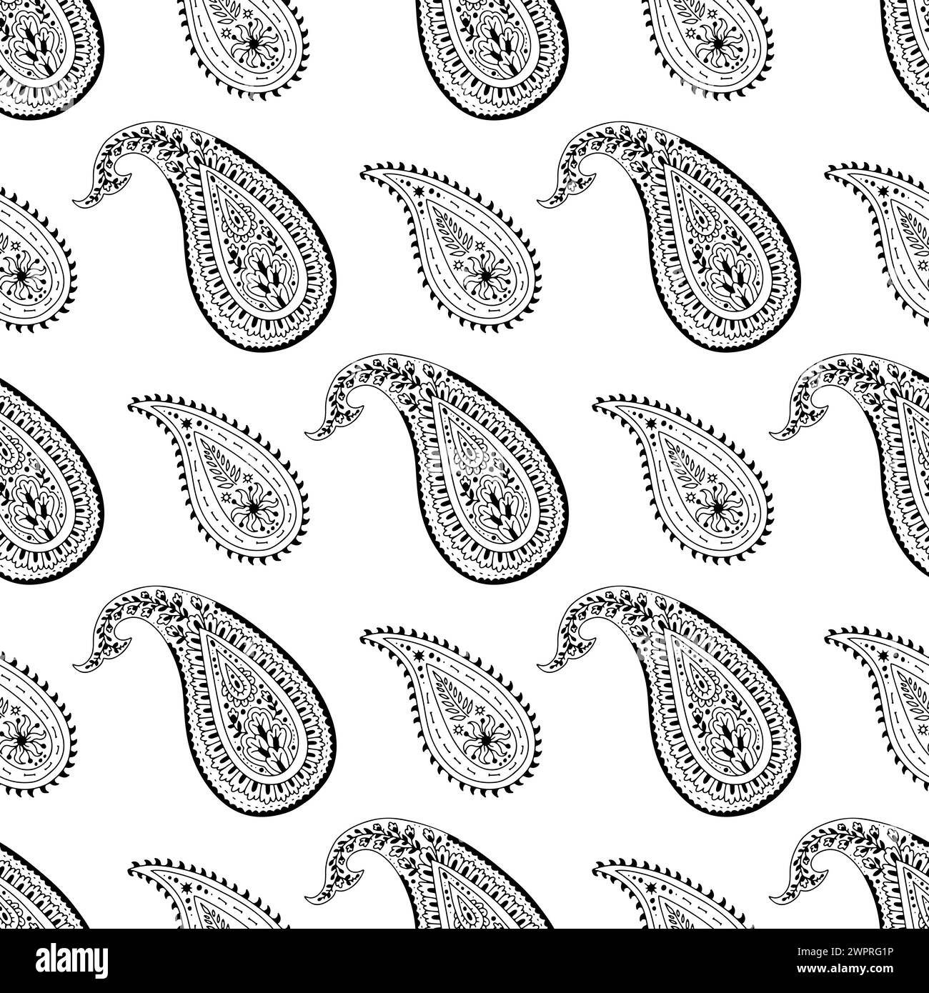 Modèle sans couture Monohcrome avec motifs Paisley sur fond blanc Illustration de Vecteur