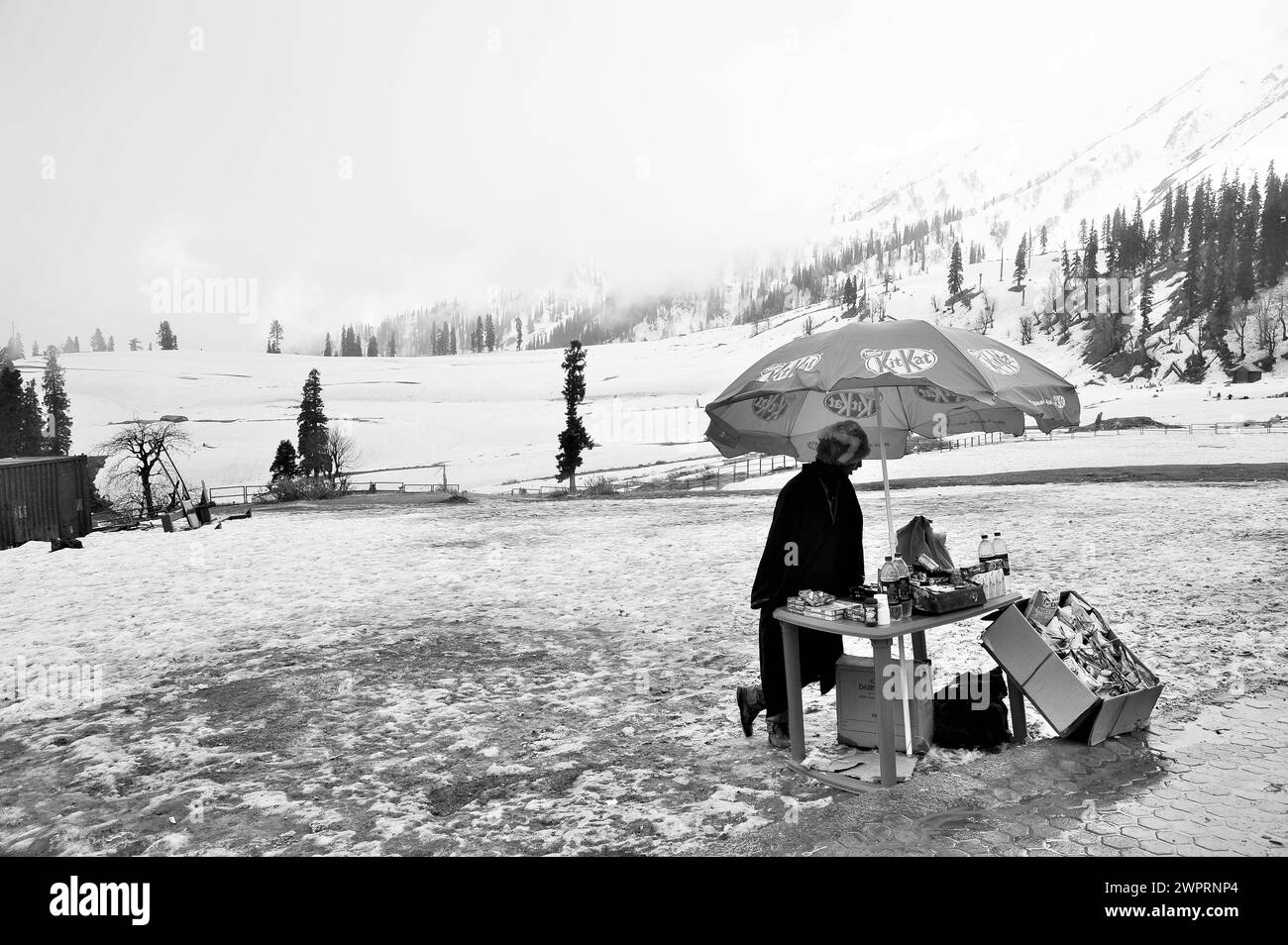 Vendeur de collations, parapluie Kit Kat, Kungdoor, Gulmarg, Baramulla, Cachemire, Jammu-et-Cachemire, Inde, Asie Banque D'Images