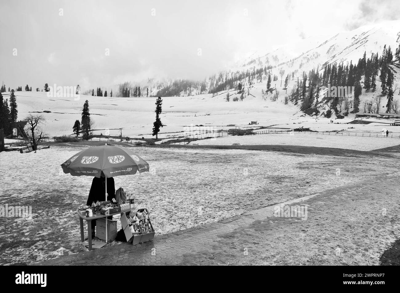 Vendeur de collations, parapluie Kit Kat, Kungdoor, Gulmarg, Baramulla, Cachemire, Jammu-et-Cachemire, Inde, Asie Banque D'Images