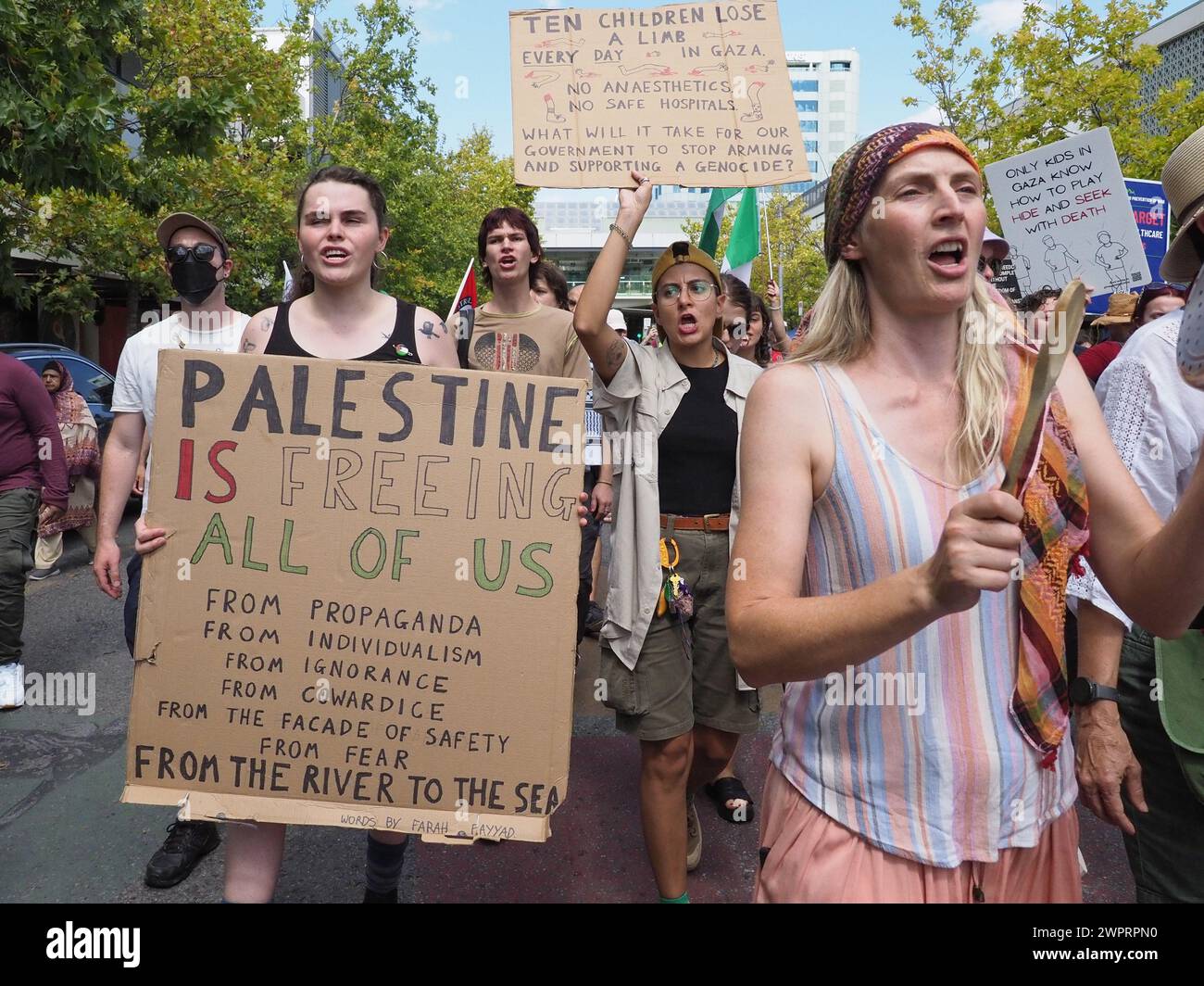 Australie, Canberra, 9 mars 2024. Pour le 22ème week-end consécutif, les Canberrans se montrent solidaires avec la Palestine et demandent la fin de la guerre génocidaire israélienne contre Gaza. Banque D'Images