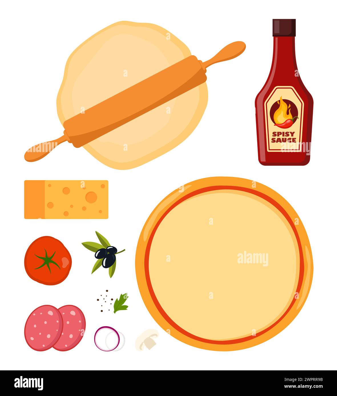 Étapes de cuisson de pizza. Recette facile pour la cuisine italienne maison. Salami et sauce, tomate et fromage. Préparation de la pâte. Illustration vectorielle Illustration de Vecteur