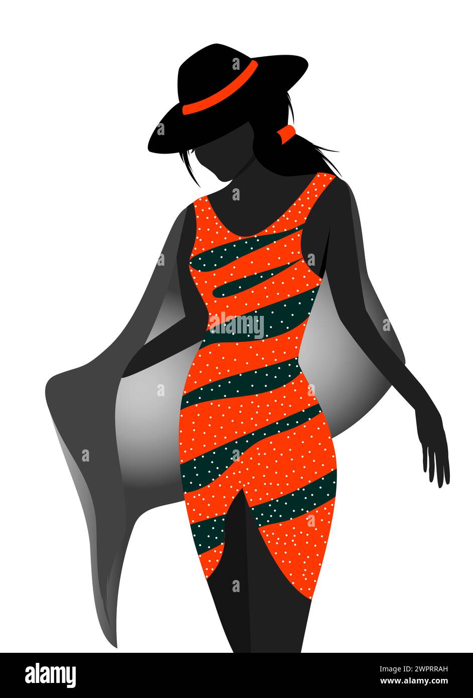 Silhouette féminine noire. Une femme en robe orange et un chapeau sur la tête. Illustration de Vecteur