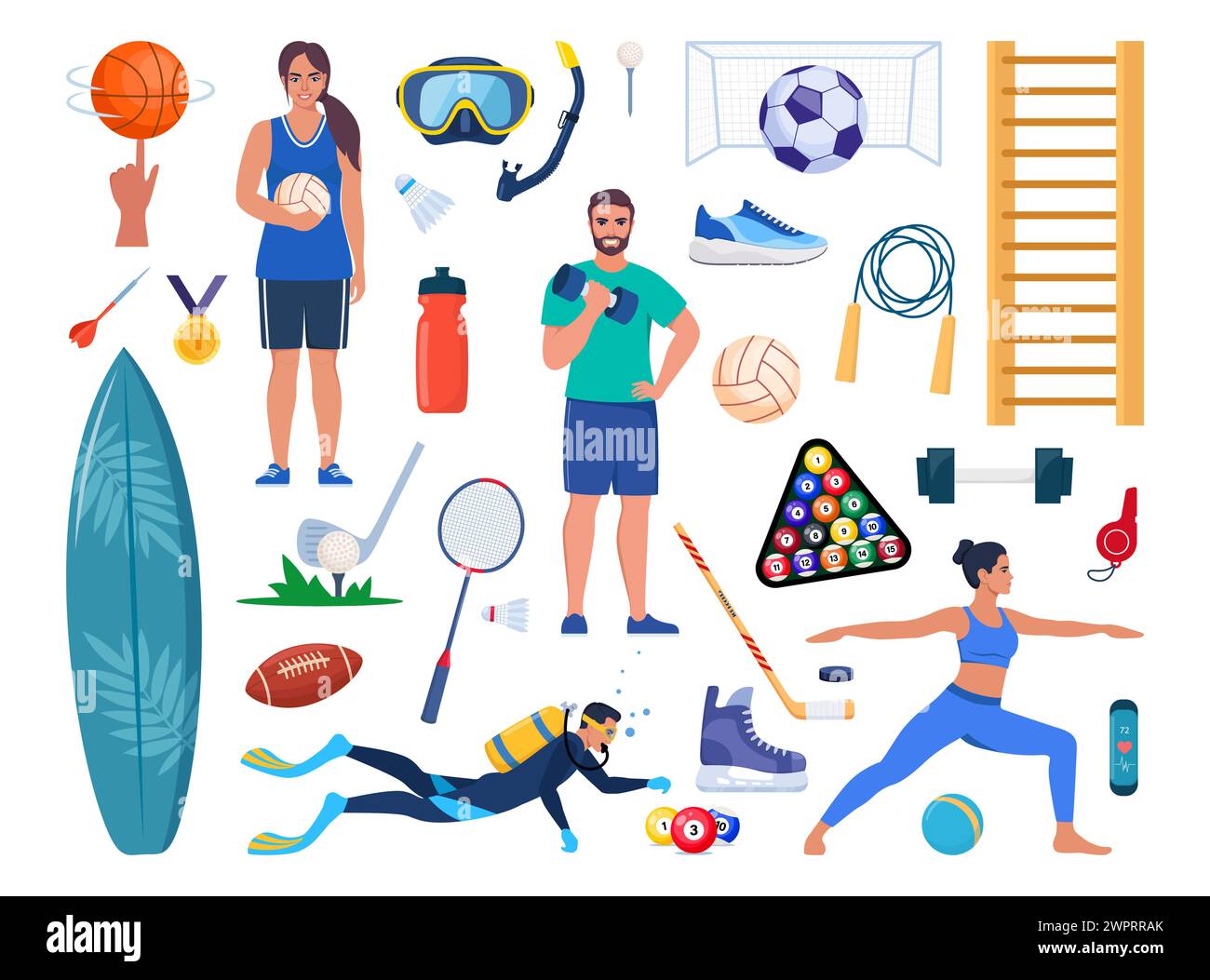 EQUIPEMENT de sport et ensemble de sportifs. Divers types d'activité sportive. Musculation, cyclisme, yoga, basket-ball, plongée, surf. Illustration vectorielle Illustration de Vecteur