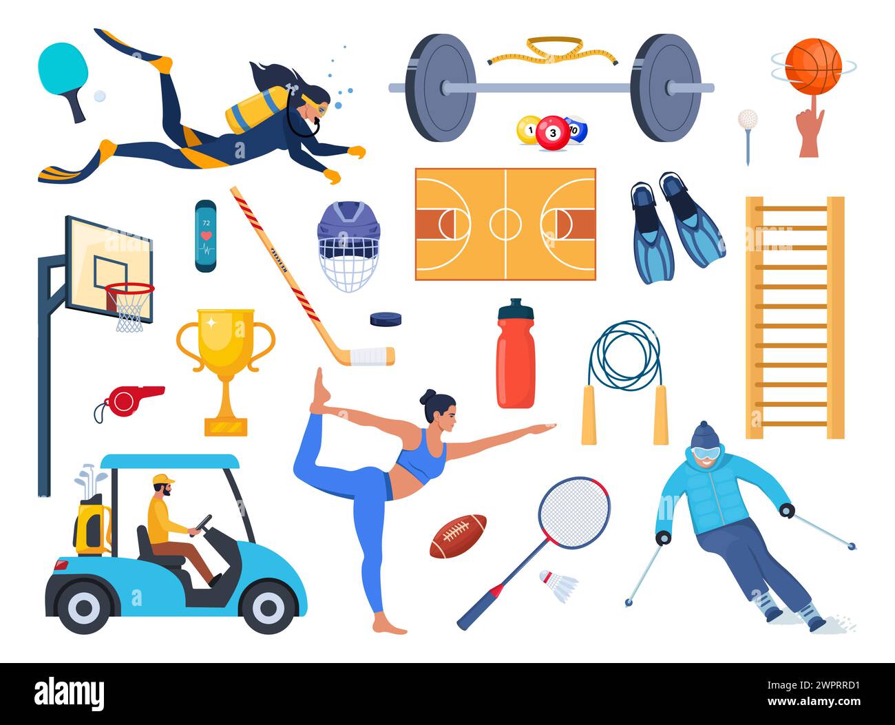 EQUIPEMENT de sport et ensemble de sportifs. Divers types d'activité sportive. Musculation, cyclisme, yoga, basket-ball, plongée, surf. Illustration vectorielle Illustration de Vecteur