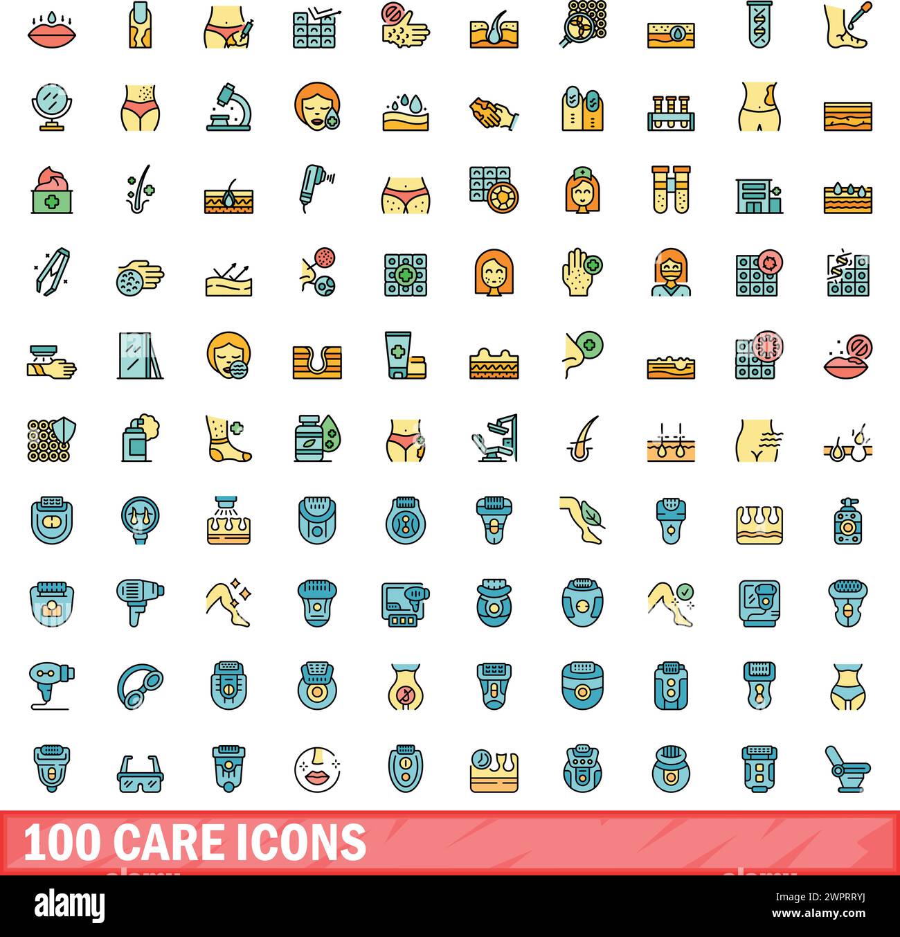 jeu de 100 icônes d'entretien. Ensemble de lignes de couleur d'icônes vectorielles de soins couleur de ligne mince plat sur blanc Illustration de Vecteur