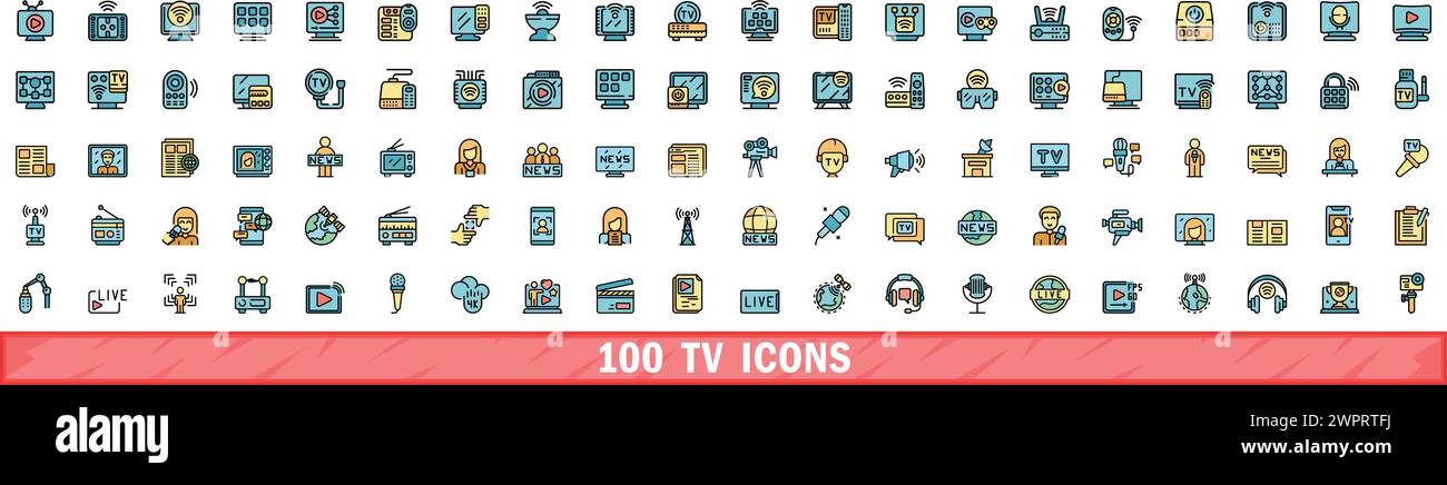 100 icônes tv définies. Ensemble de lignes de couleur des icônes de vecteur tv couleur de ligne mince plat sur blanc Illustration de Vecteur