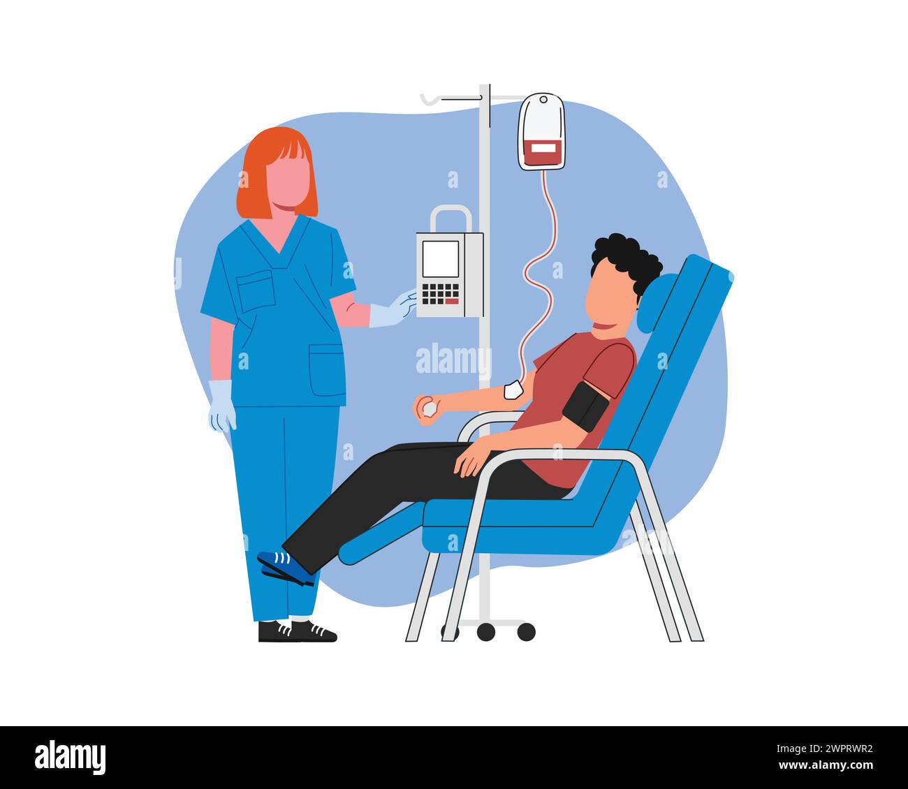 un patient reçoit un sang transfusé avec l'aide d'une infirmière. Conception de vecteur d'illustration de soins de santé et de médecine. Illustration de Vecteur
