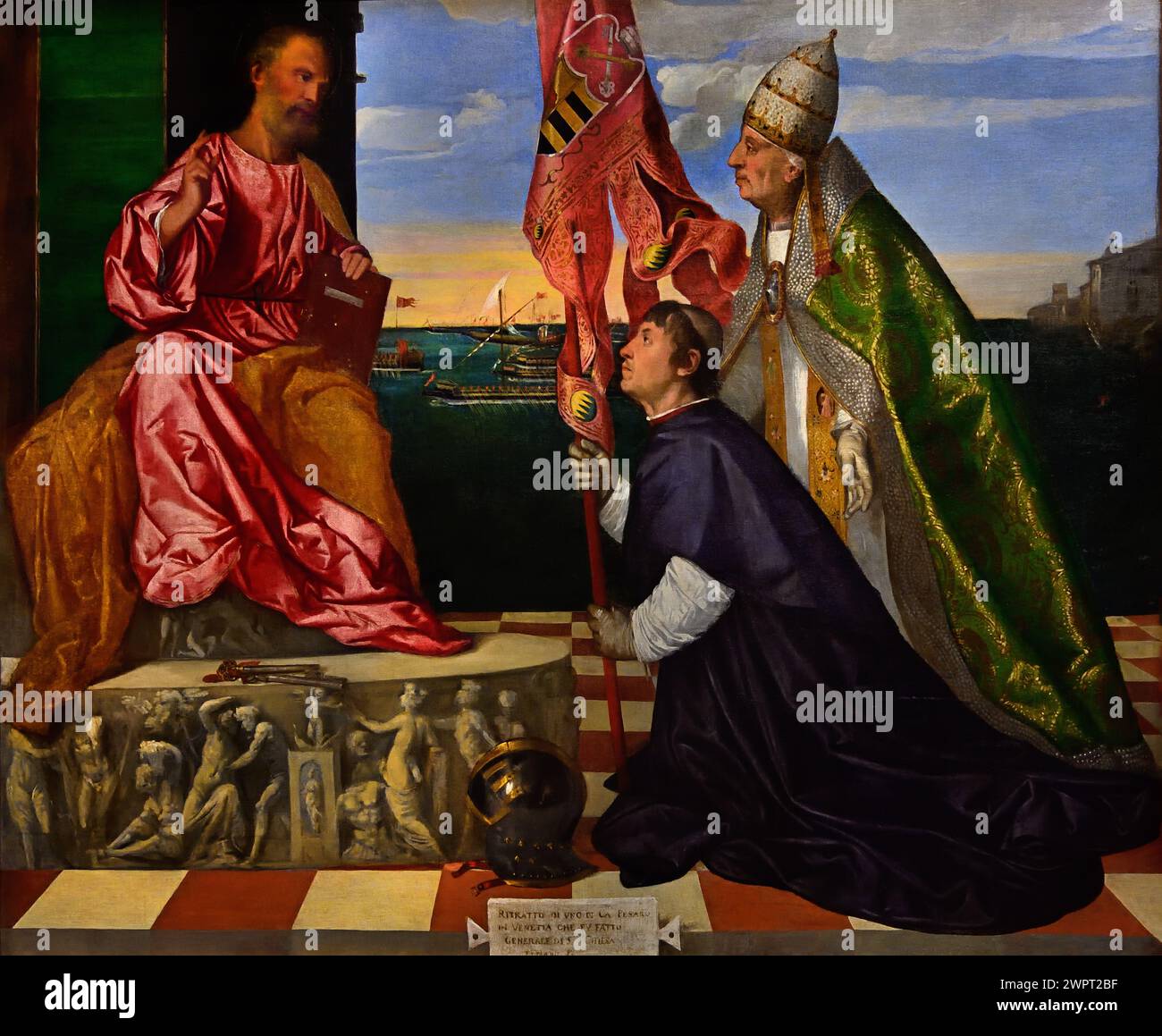 Le pape Alexandre VI présente l'évêque Jacopo Pesaro à saint Pierre, 1503-1506 par Titien, (Pieve di Cadore 1488/90 - Venise 1576), Musée Royal des Beaux-Arts, Anvers, Belgique, Belgique. Banque D'Images