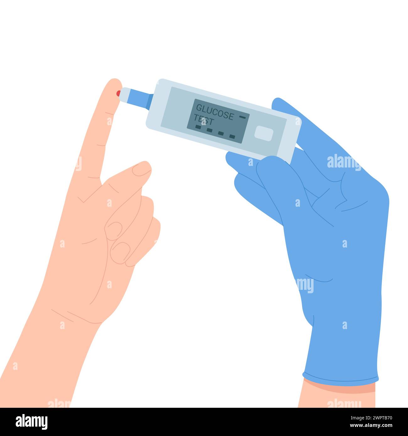 Taux de glucose, contrôle du test de sucre diabétique. Main dans le gant de protection bleu tenant le glucomètre pour vérifier l'hypoglycémie ou l'hyperglycémie dans le sang du patient par l'illustration vectorielle de bâton de doigt Illustration de Vecteur