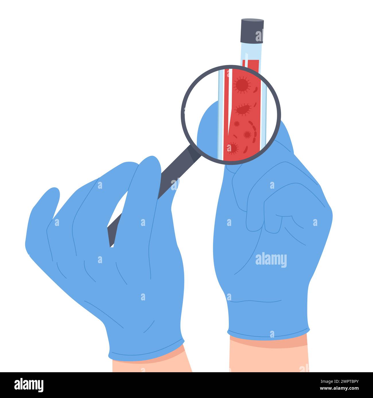 Test sanguin de laboratoire pour l'infection. Les mains des médecins tiennent une loupe et un tube à essai avec un échantillon de sang pour rechercher et trouver des virus et des bactéries dans l'illustration vectorielle de dessin animé d'analyse hématologique Illustration de Vecteur