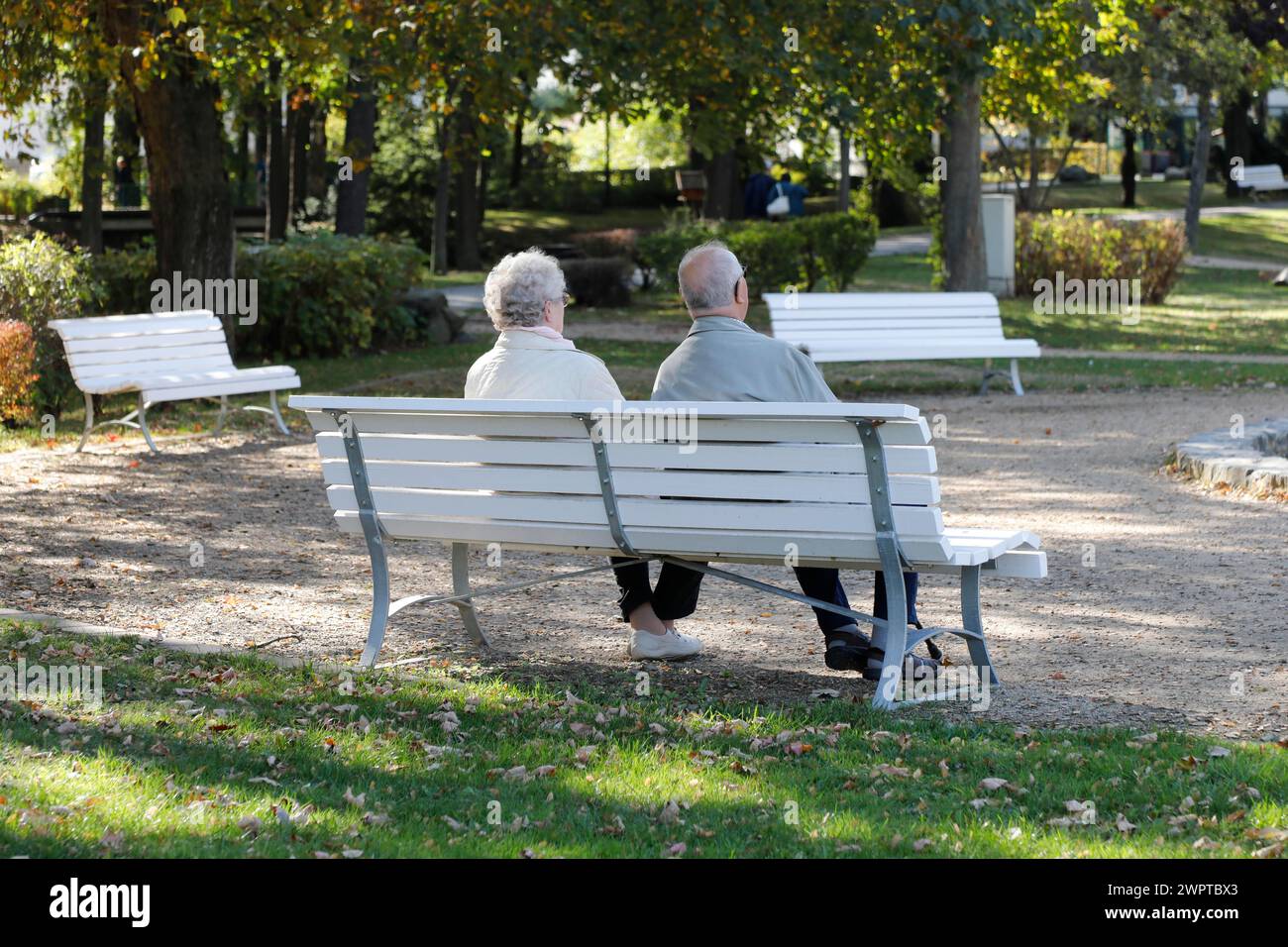 Un couple de retraités assis sur un banc dans un parc à Bad Harzburg, 06.10.2018 Banque D'Images