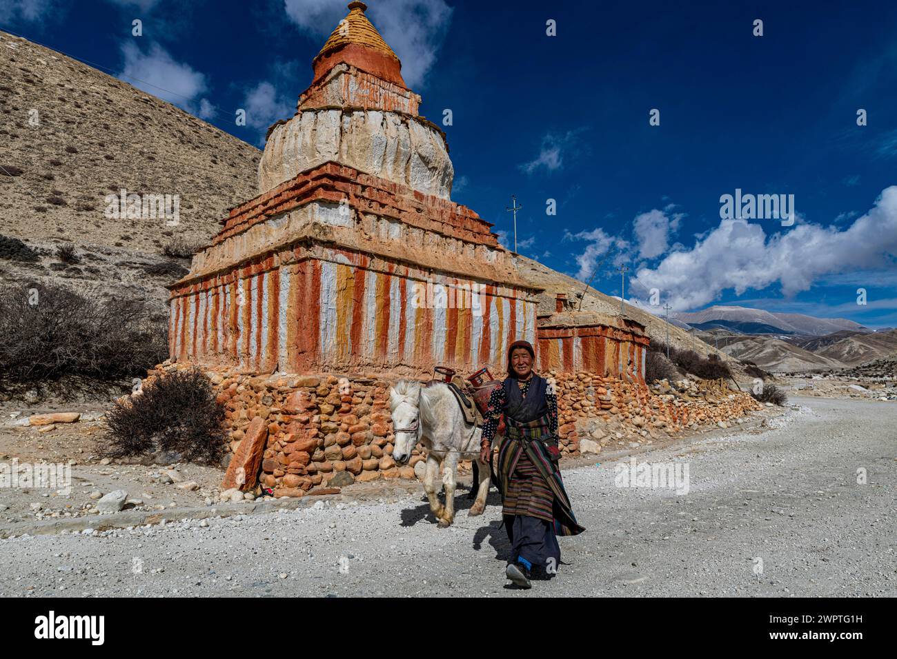 Femme avec son cheval, stupa bouddhiste peint en couleurs devant le paysage de montagne, paysage d'érosion et maisons de Garphu derrière, Garphu Banque D'Images