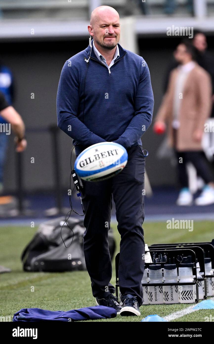 Rome, Italie. 09 mars 2024. Gregor Townsend L'entraîneur-chef de l'Écosse assiste à l'échauffement lors du match de rugby des six Nations entre l'Italie et l'Écosse au Stadio Olimpico à Rome le 9 mars 2024. Crédit : Insidefoto di andrea staccioli/Alamy Live News Banque D'Images