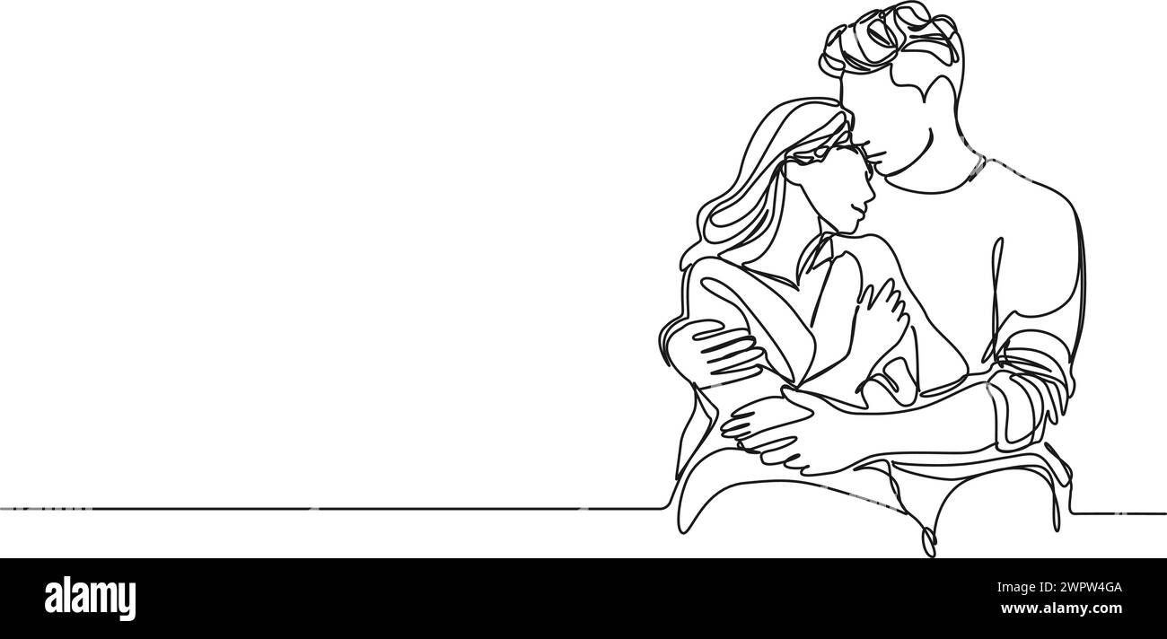 dessin en ligne simple continu de l'homme et de la femme s'embrassant tendrement l'un l'autre, illustration vectorielle d'art au trait Illustration de Vecteur