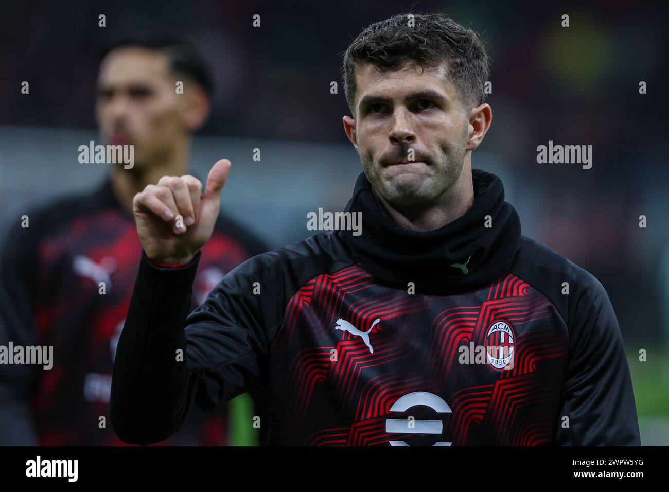 Milan, Italie. 07 mars 2024. Christian Pulisic de l'AC Milan vu lors du Round of 16 . Étape 1 de 2 UEFA Europa League 2023/2024 entre l'AC Milan et le SK Slavia Praha au stade San Siro. Score final ; Milan 4:2 Slavia Praha. (Photo de Fabrizio Carabelli/SOPA images/Sipa USA) crédit : Sipa USA/Alamy Live News Banque D'Images