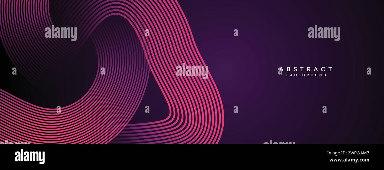 Abstrait Dark Purple et Rose Waving Circles lignes technologie Banner fond. dégradé site web, en-tête incandescente lignes brillantes forme géométrique diagonale brillante Illustration de Vecteur