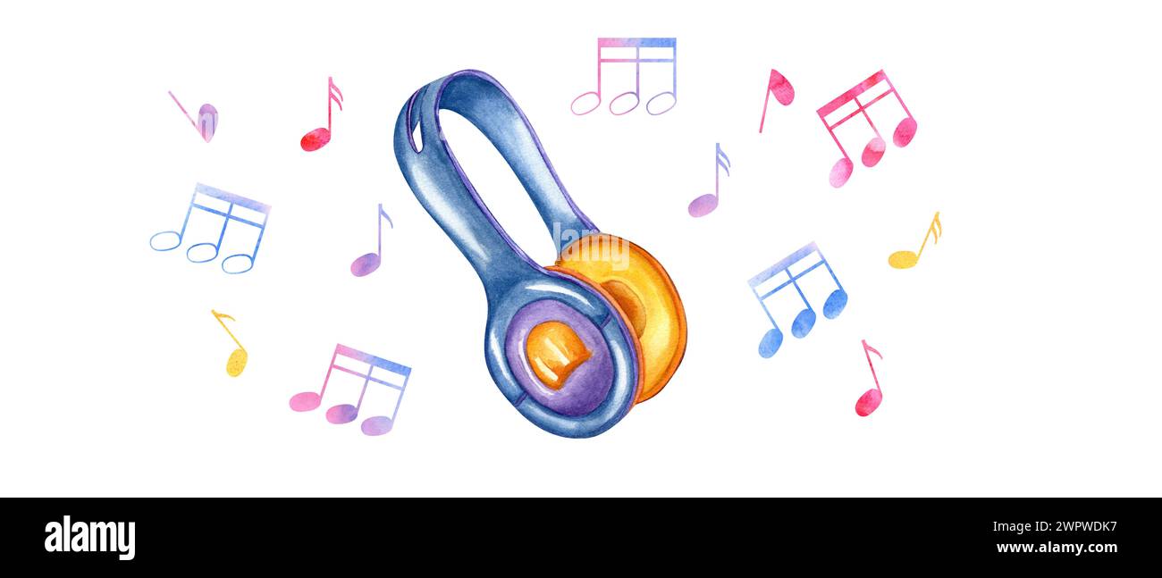 Écouteurs avec notes de musique. Écouteurs jaunes bleus. Notez les symboles volant sur les côtés. Eléments de notes multicolores musicales. Banque D'Images