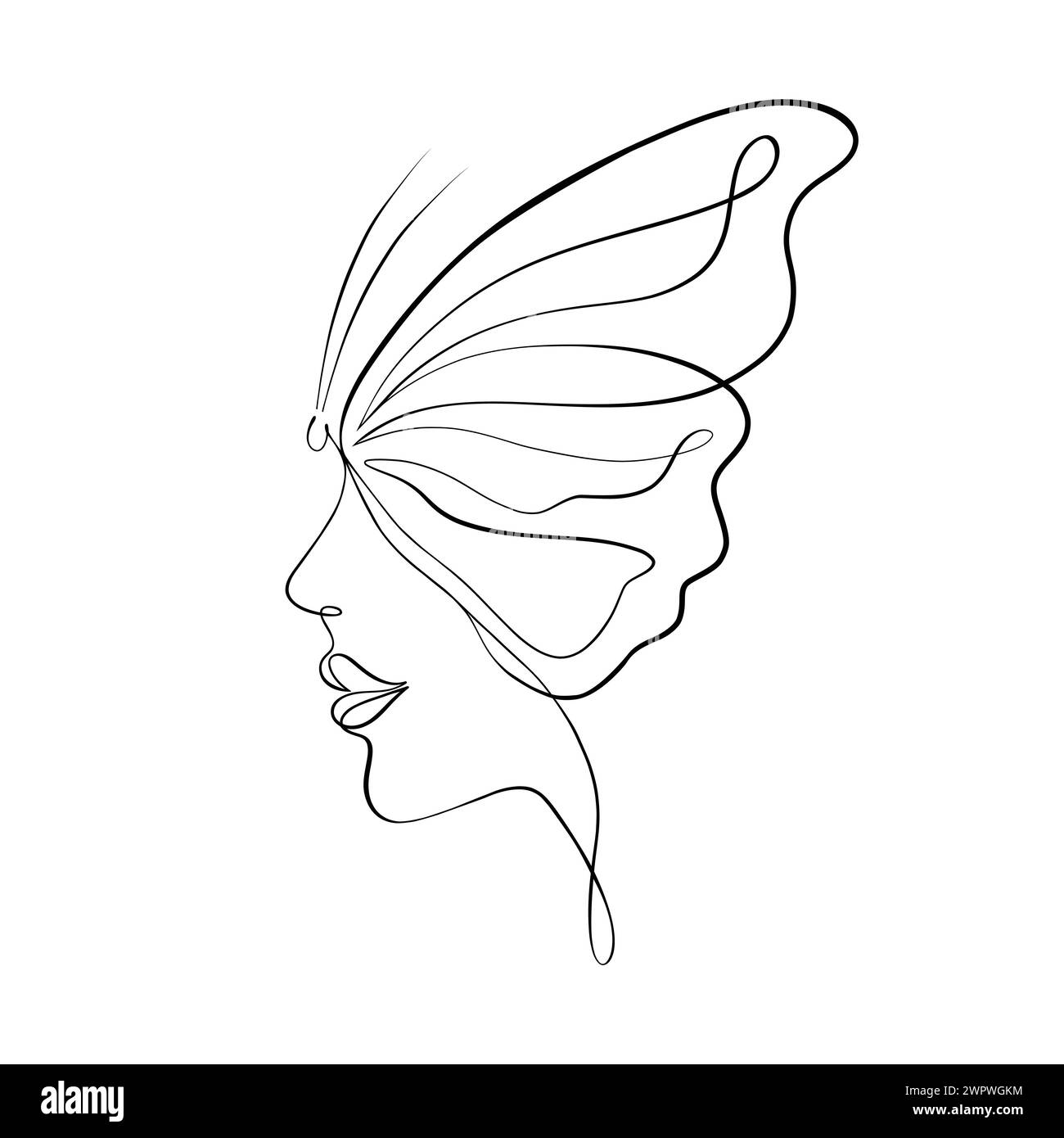 Profil de femme avec aile papillon dans un style minimaliste moderne. Illustration de Vecteur