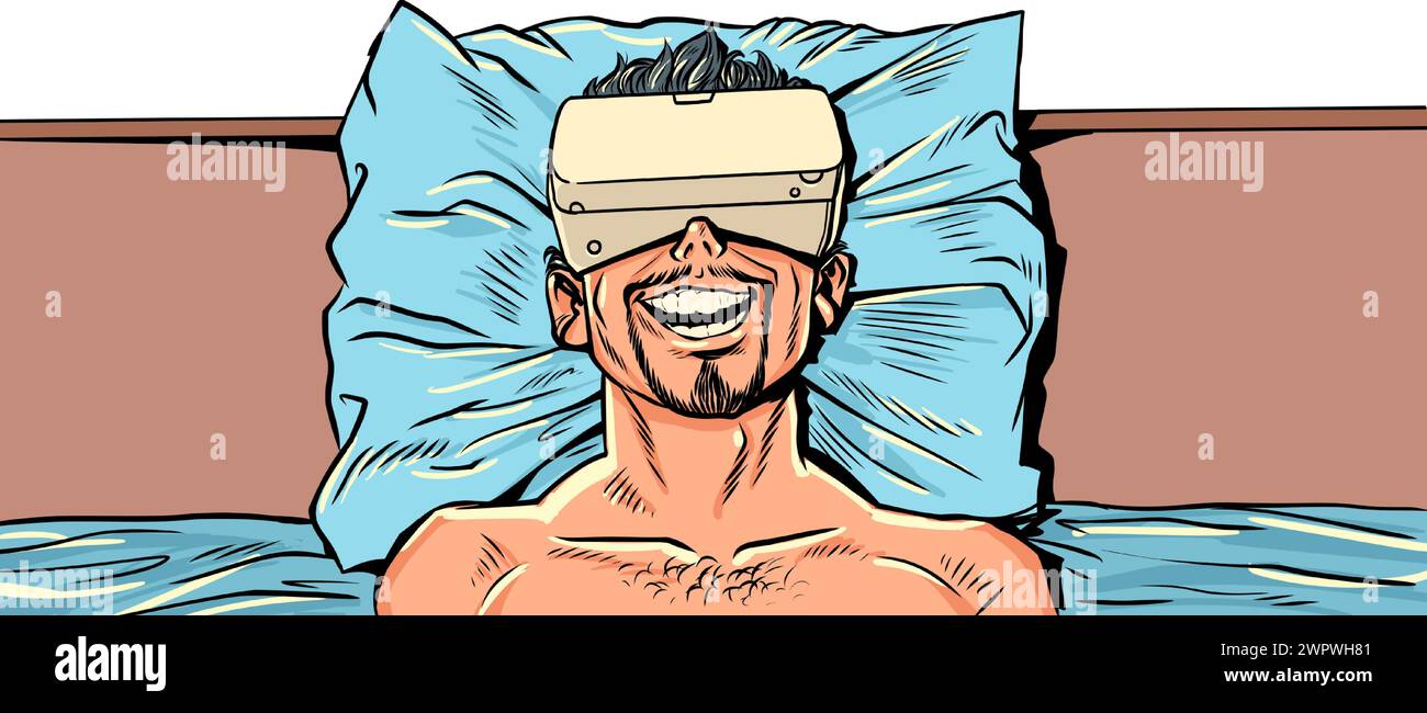 Un homme est allongé dans son lit avec un appareil VR. Risques potentiels pour la santé liés aux nouvelles technologies. Possibilité future de passer du temps libre de nouvelles façons. Bande dessinée pop a Illustration de Vecteur