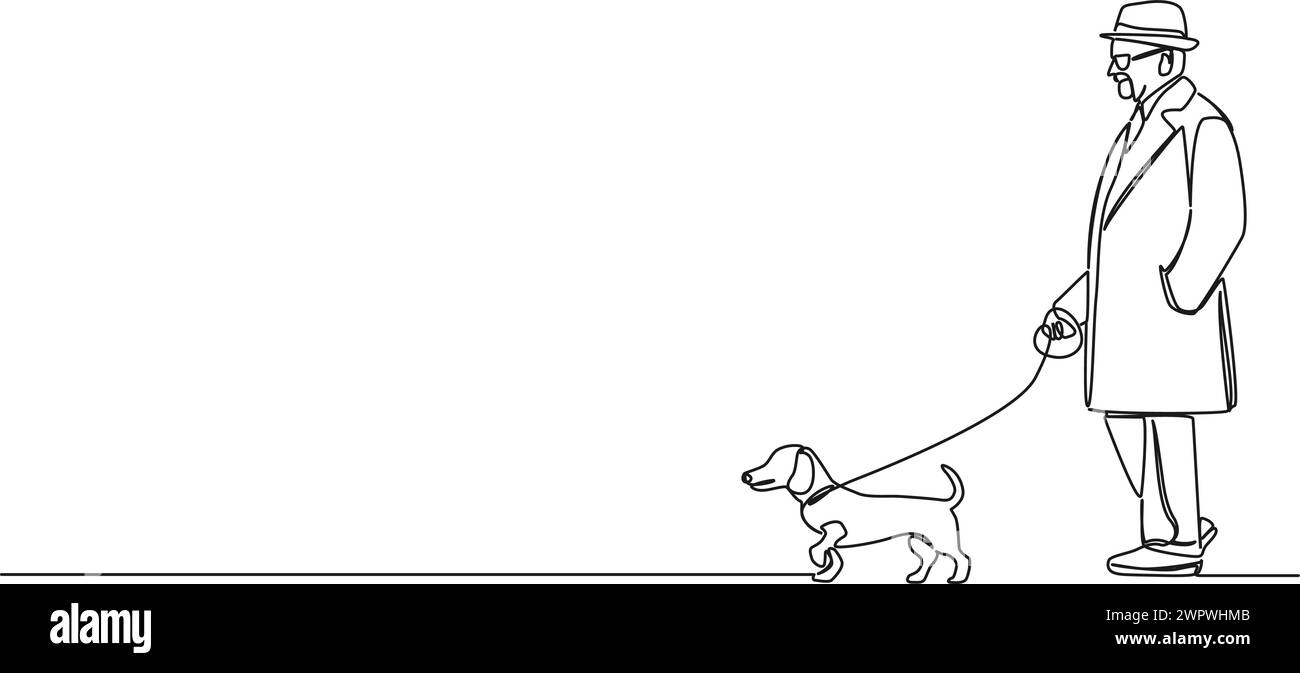 dessin continu d'un homme âgé promenant son chien wiener, illustration vectorielle d'art au trait Illustration de Vecteur