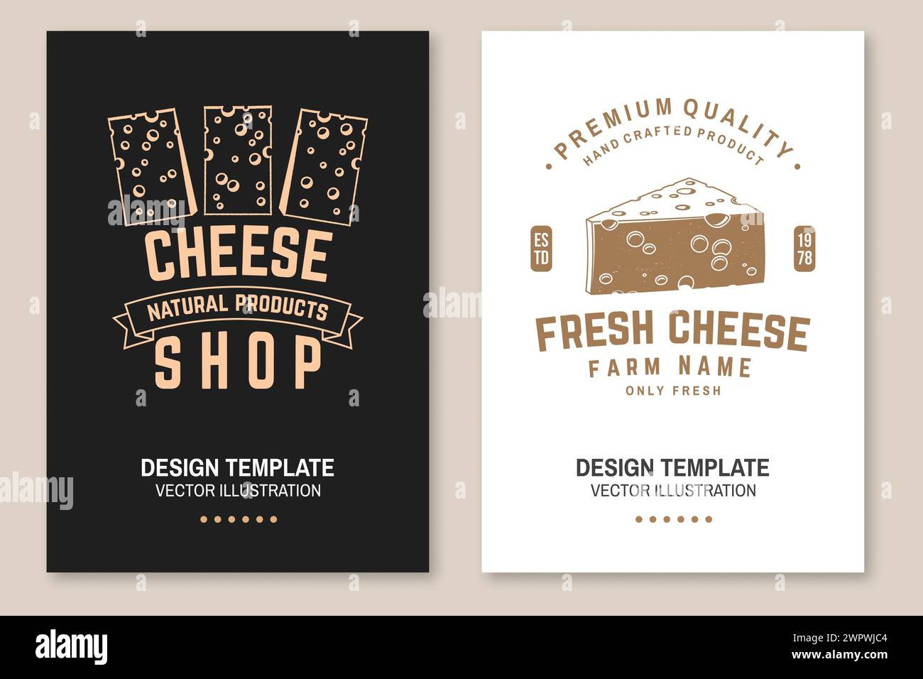 Conception d'affiche de ferme familiale de fromage. Modèle pour logo, design de marque avec fromage en bloc, fourchette, couteau pour fromage. Illustration vectorielle. Fabriqué à la main Illustration de Vecteur