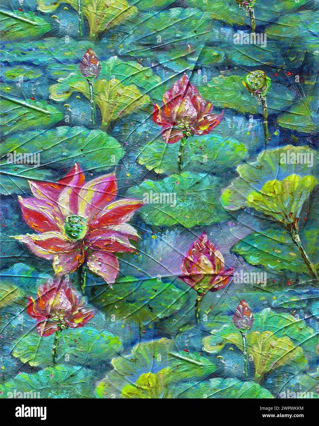 Peinture d'art à l'huile fleur de lotus et nénuphar Banque D'Images