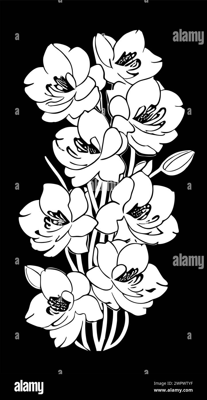 dessin linéaire graphique blanc de fleur d'orchidée sur fond noir, conception Banque D'Images
