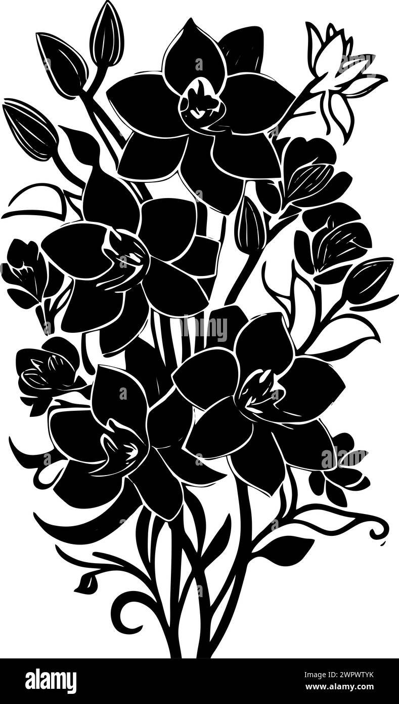 silhouette simple de dessin de contour noir de fleur d'orchidée, conception Banque D'Images
