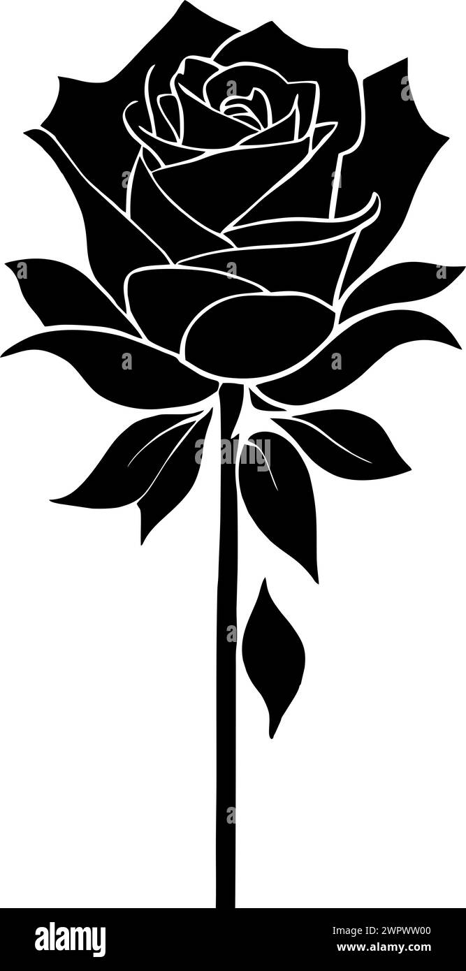 dessin graphique noir d'une fleur de rose avec des feuilles, monochrome, élément décoratif Banque D'Images