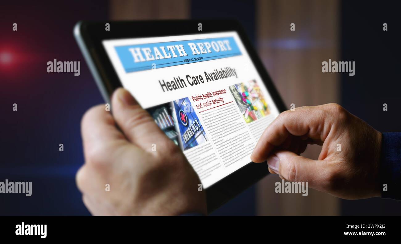 Disponibilité des soins de santé et lecture du quotidien des assurances publiques sur l'écran d'une tablette mobile. Écran tactile homme avec résumé des nouvelles titres Banque D'Images