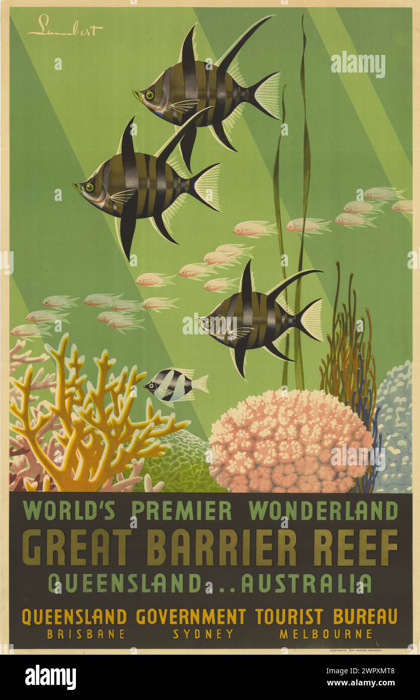 Affiche de voyage vintage pour la Grande barrière de corail, premier pays des merveilles du monde, Queensland Australie par Lambert pour l'Office du tourisme du gouvernement du Queensland. années 1930 Banque D'Images