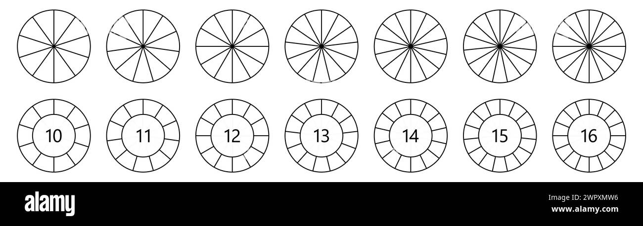 Forme de cercle divisé en segments égaux, version avec 10 à 16 parties, peut être utilisé comme élément infographique Illustration de Vecteur