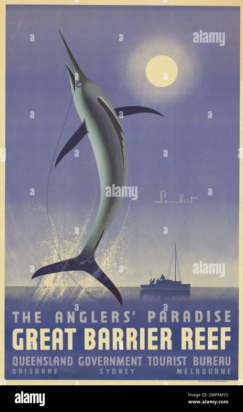 Affiche de voyage vintage pour la Grande barrière de corail, le paradis des pêcheurs. Queensland Australia par Lambert pour l'Office du tourisme du gouvernement du Queensland. années 1930 Banque D'Images