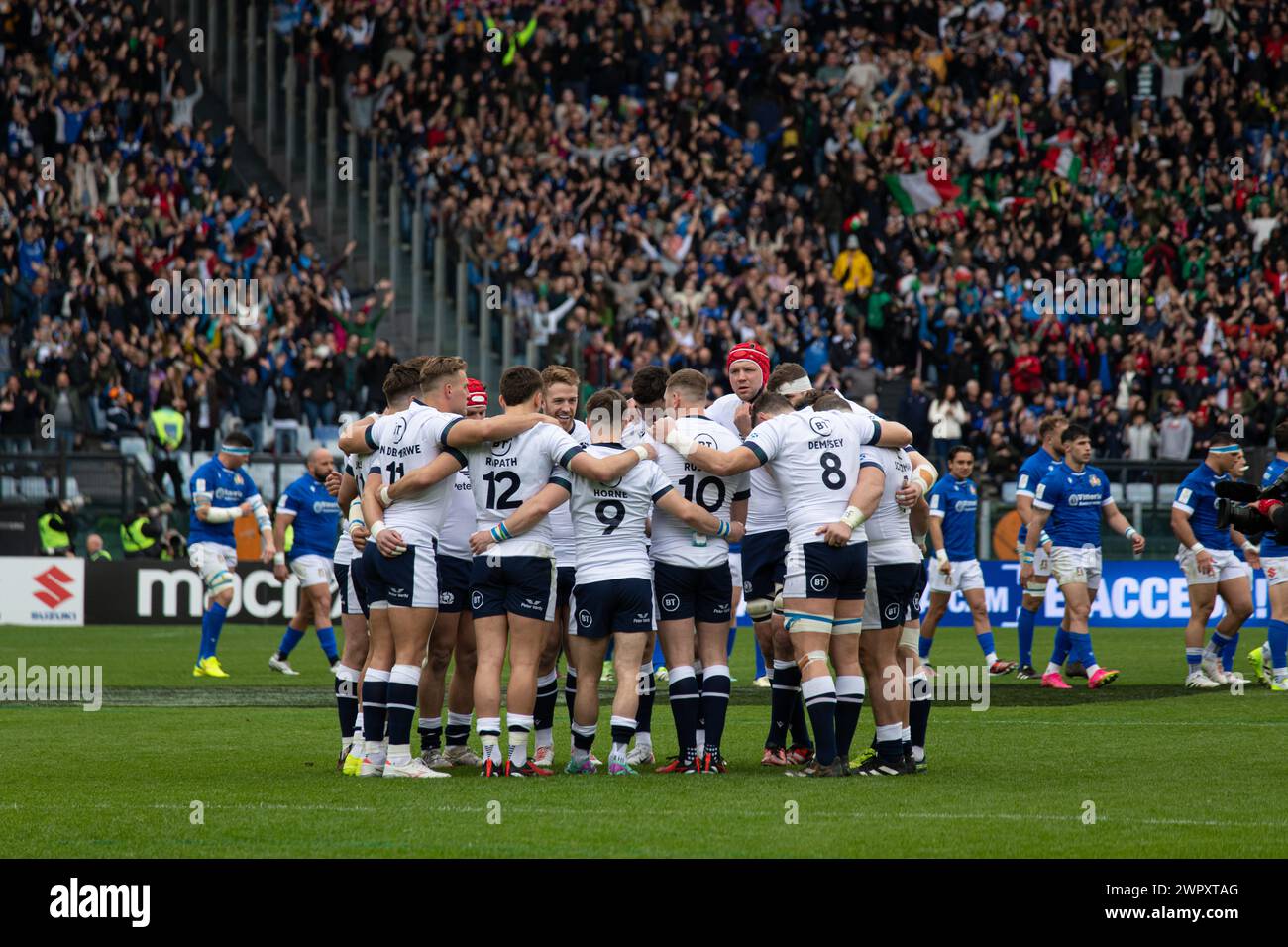 Rome, Italie, 9 mars 2024. Italie vs Ecosse, Rugby six Nations, équipe Ecosse avant le match sur le terrain, stade Olympique. Crédit photo : Fabio Pagani/Alamy Live News Banque D'Images