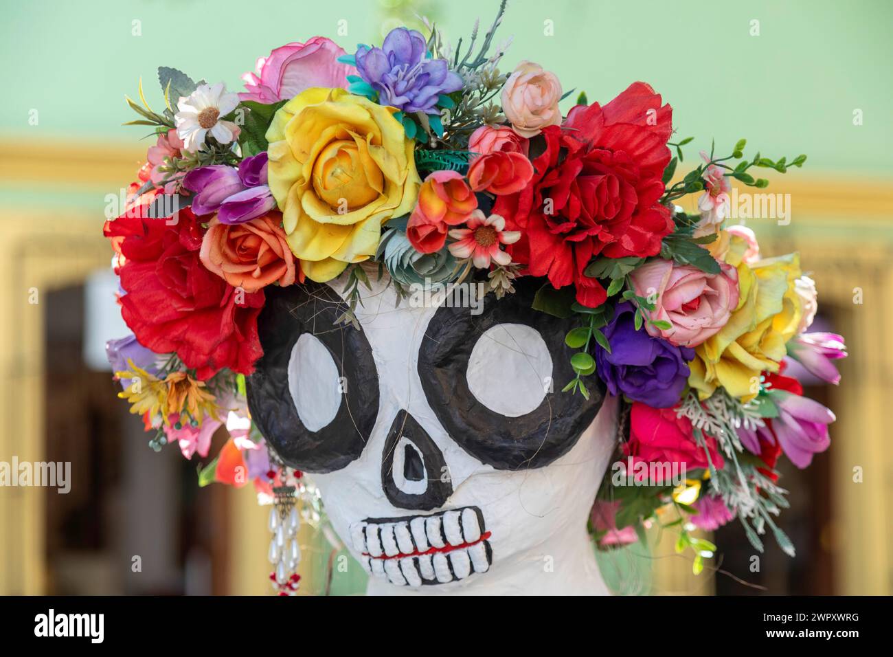 Oaxaca, Mexique - fleurs sur une marionnette en papier mâché. Banque D'Images